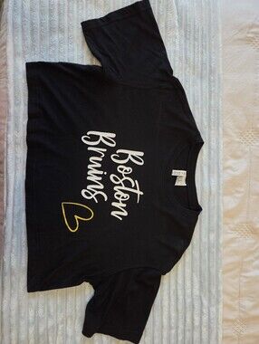 Custom H&M Black Tee with White 'Boston Bruins' Script and Gold Heart Accent